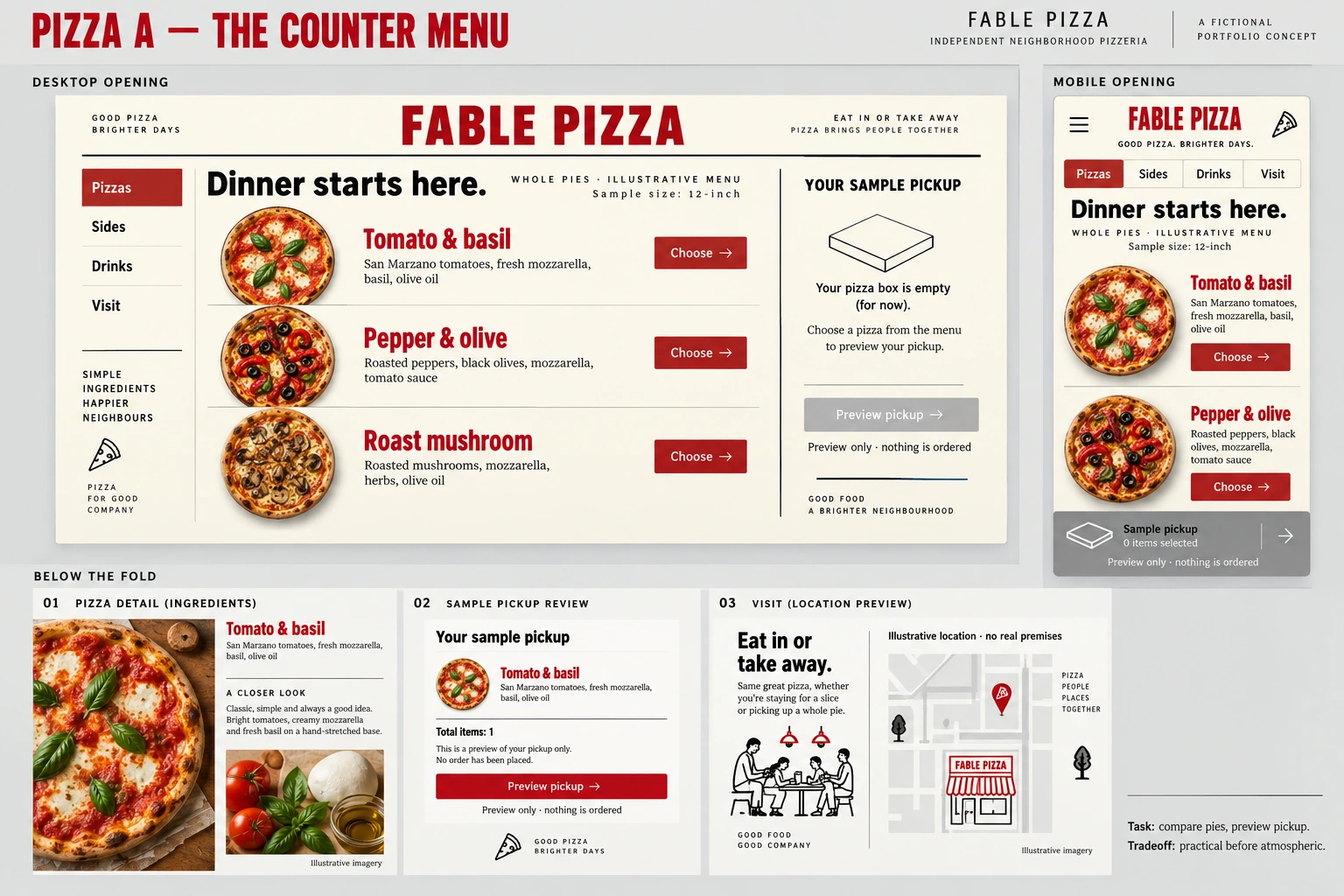 Cream and red pizzeria design organized like a counter menu.