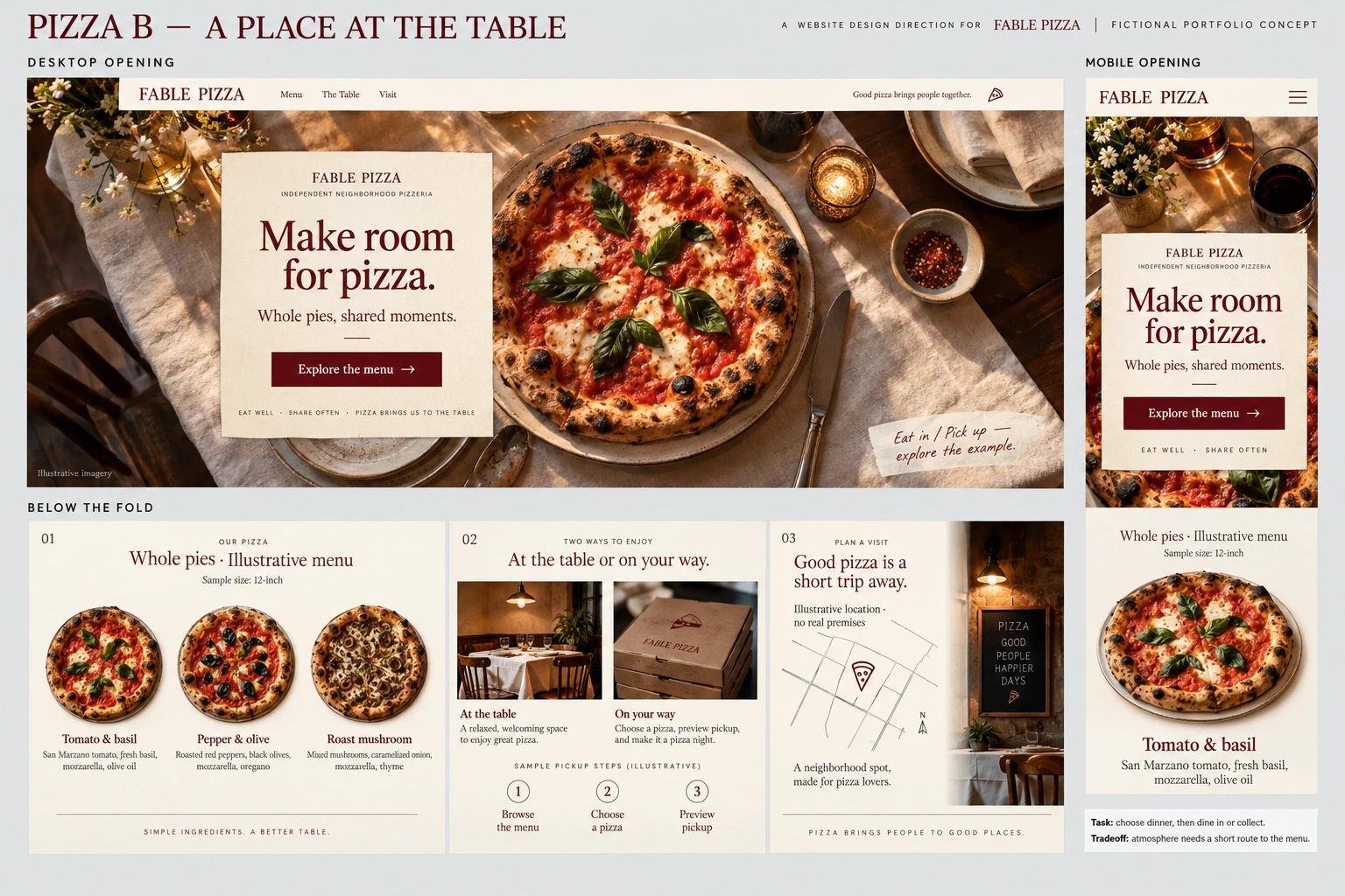 Warm pizzeria design with food photographs on a shared table.