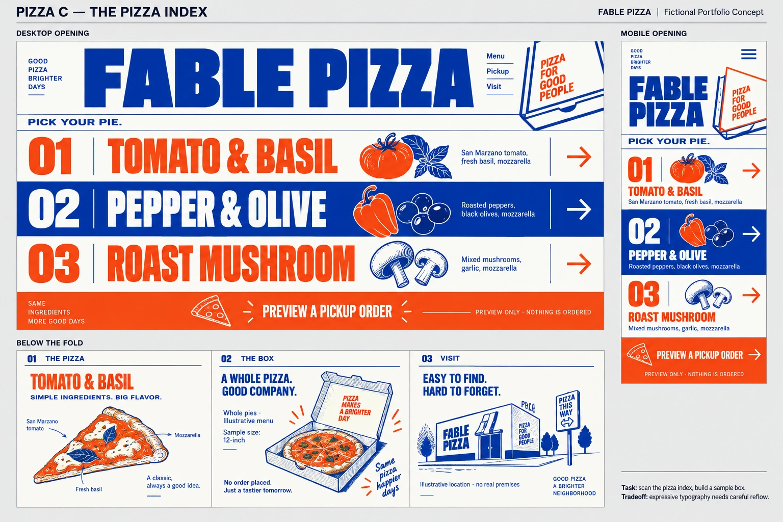 Cobalt and vermilion pizza index with oversized numbered menu typography.