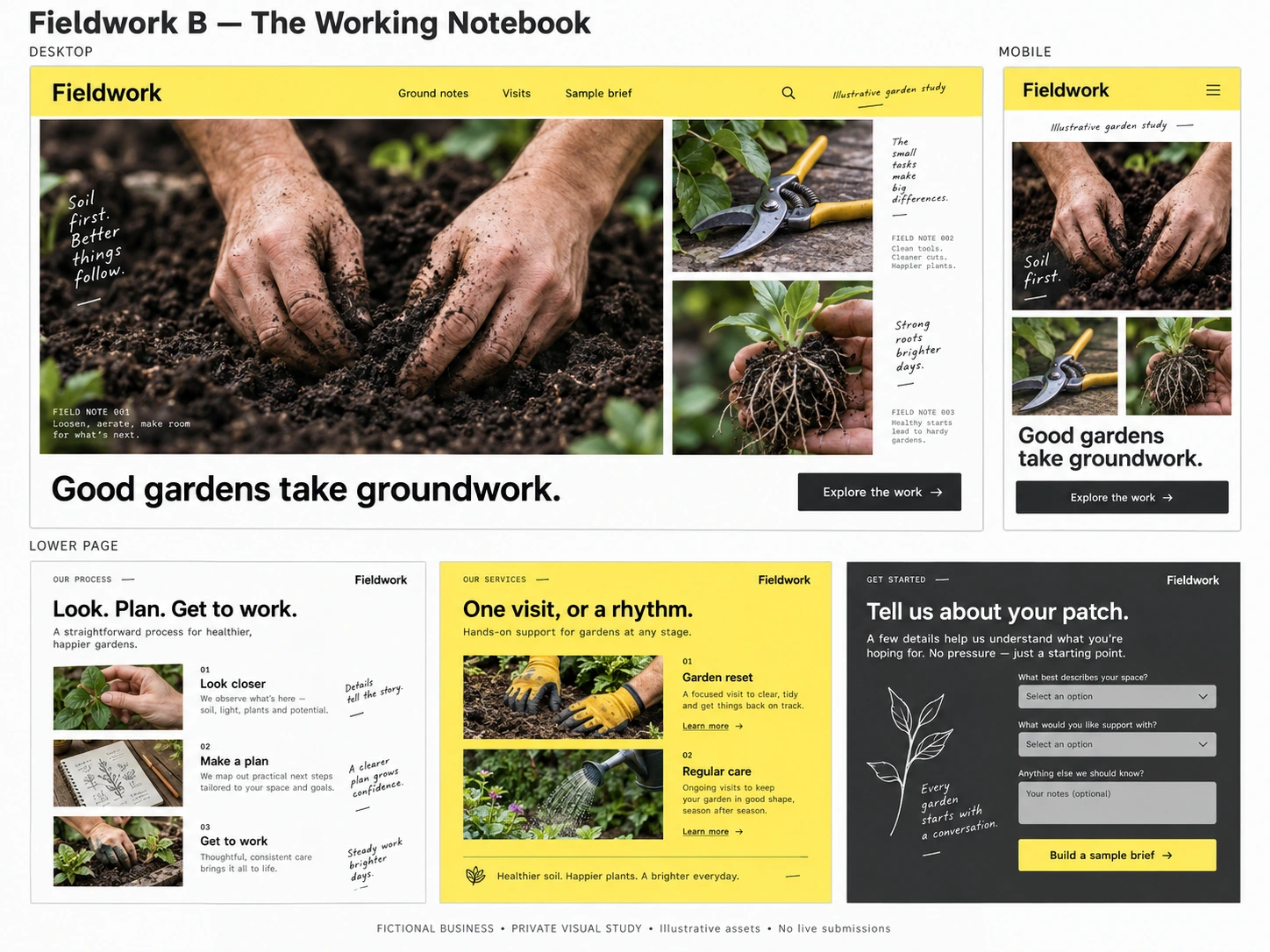 Yellow and charcoal garden notebook with photographs, work notes and brief.