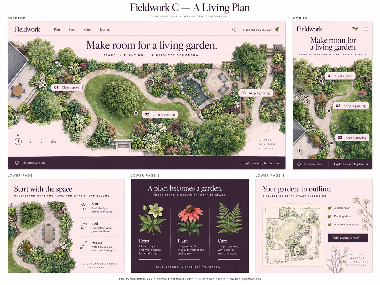 Pink garden-plan design with paths and planting illustrations.