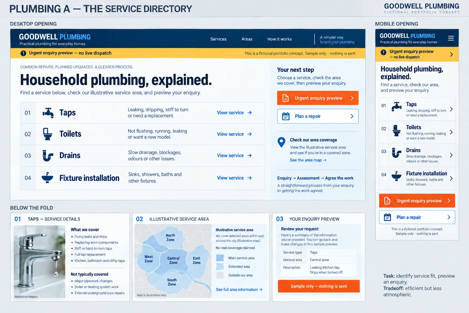 Blue plumbing service directory with clear rows and inquiry panel.