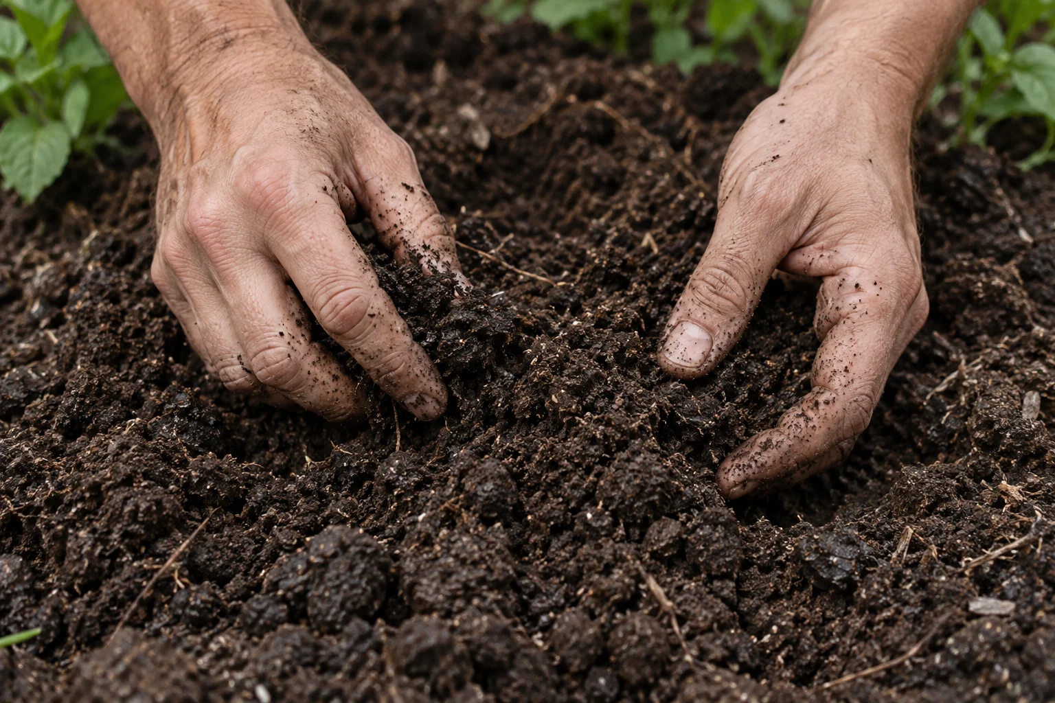 Illustration of hands working dark, crumbly soil